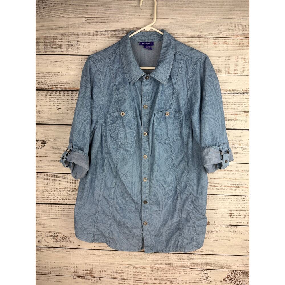 Catherines Chambray Cotton Button Down Shirt 0X 14/16 Casual Normcore Spring